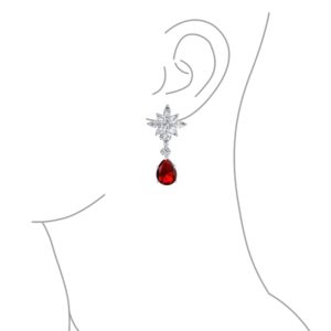 Bridal Art Deco Style Cluster Floral AAA CZ Red Statement Dangle Teardrop Chandelier Clip On Earrings For Women Simulated Ruby Silver Plated