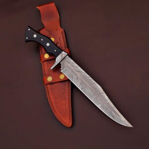 jnr traders damascus bowie knife with sheath full tang, 15 in handmade fixed blade hunting knife with sheath, feather pattern large bowie knife -2083