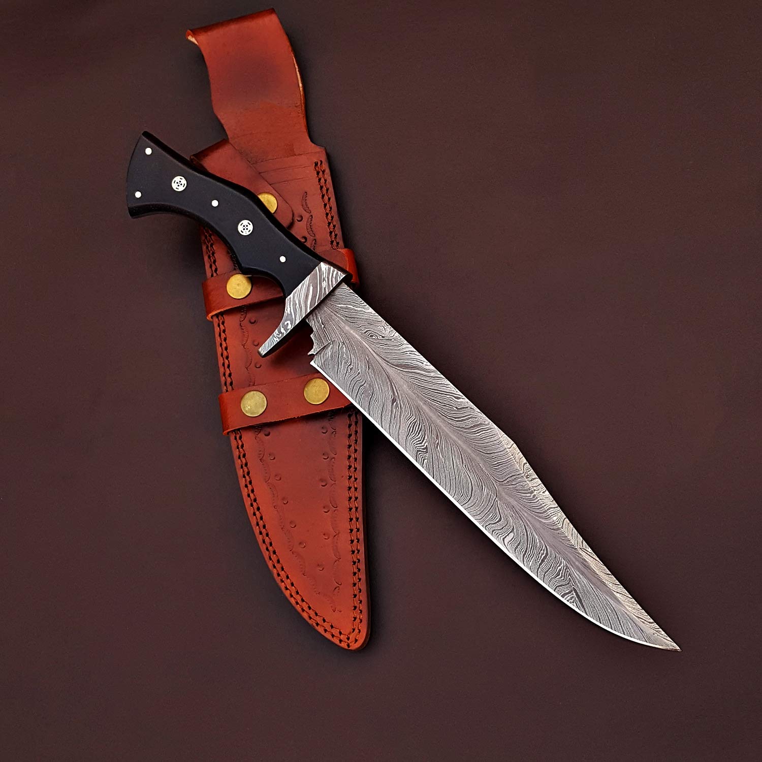 JNR Traders Damascus Bowie Knife with Sheath Full Tang, 15 In Handmade Fixed Blade Hunting Knife with Sheath, Feather Pattern Large Bowie Knife -2083