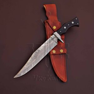 JNR Traders Damascus Bowie Knife with Sheath Full Tang, 15 In Handmade Fixed Blade Hunting Knife with Sheath, Feather Pattern Large Bowie Knife -2083