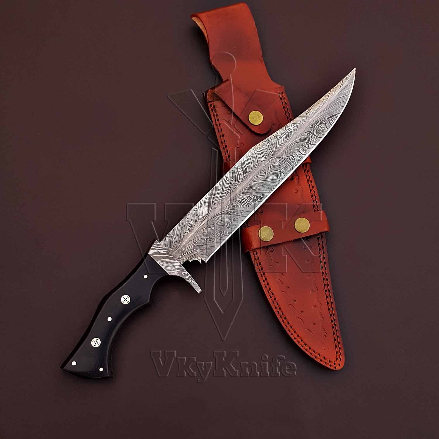 JNR Traders Damascus Bowie Knife with Sheath Full Tang, 15 In Handmade Fixed Blade Hunting Knife with Sheath, Feather Pattern Large Bowie Knife -2083