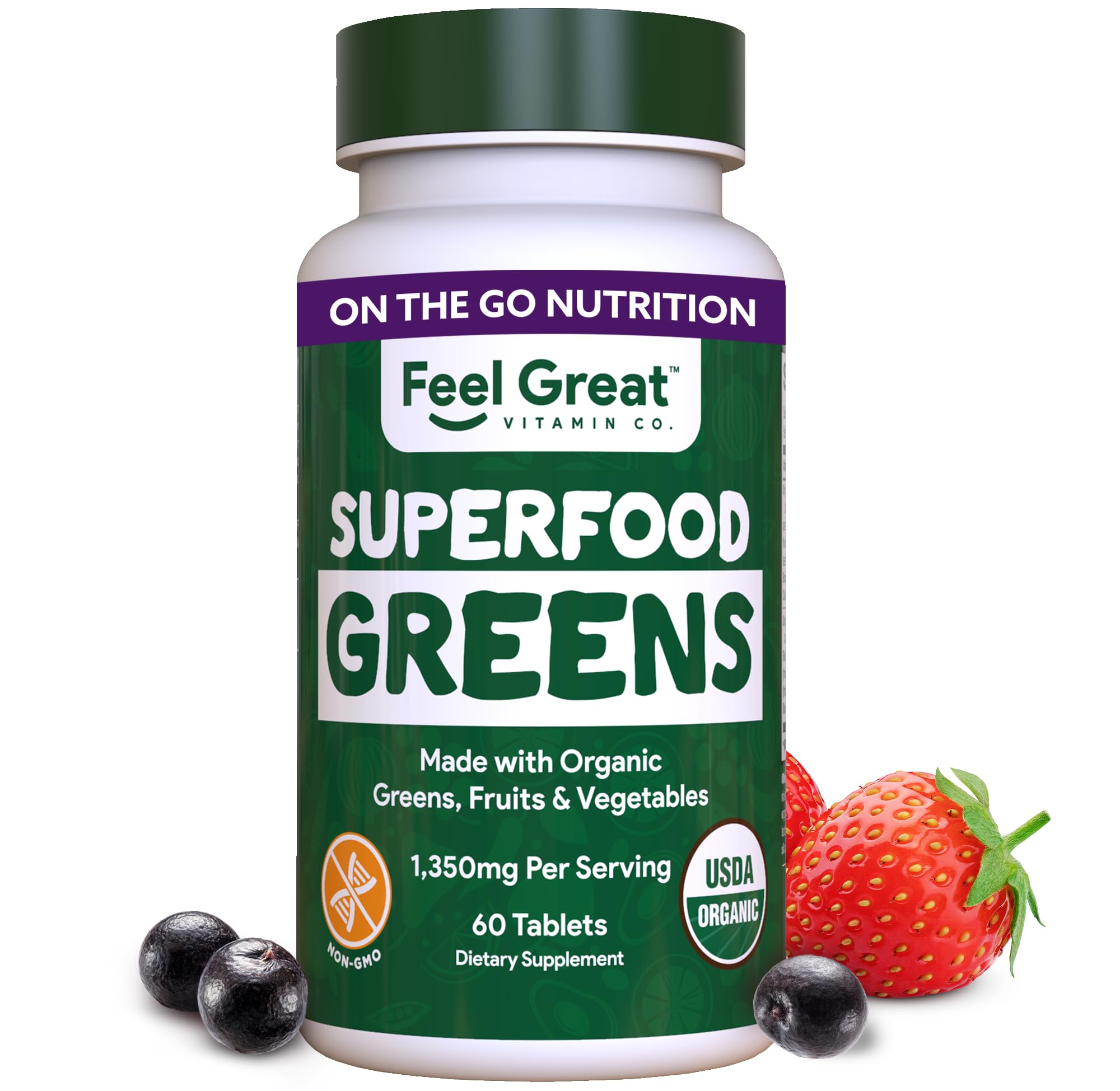 Feel Great Vitamins Super Greens Tablets | Organic Greens, Fruits and Veggies Supplement | Fruit and Veggie Supplement with Kale, Spinach Extract, Green Onion, and More, 60 Tablets