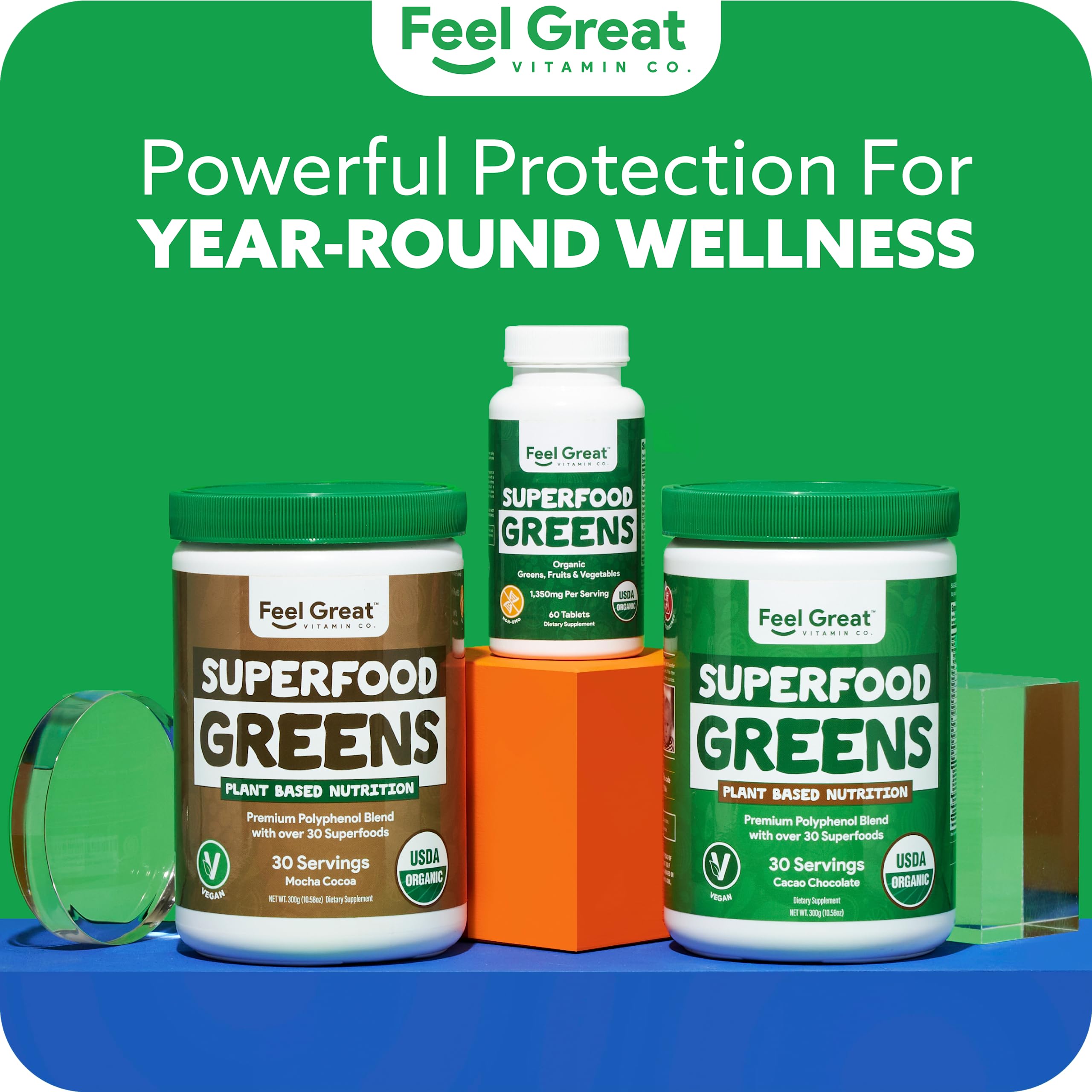 Feel Great Vitamins Super Greens Tablets | Organic Greens, Fruits and Veggies Supplement | Fruit and Veggie Supplement with Kale, Spinach Extract, Green Onion, and More, 60 Tablets