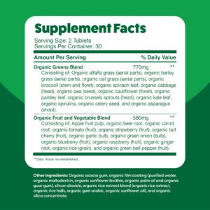 Feel Great Vitamins Super Greens Tablets | Organic Greens, Fruits and Veggies Supplement | Fruit and Veggie Supplement with Kale, Spinach Extract, Green Onion, and More, 60 Tablets