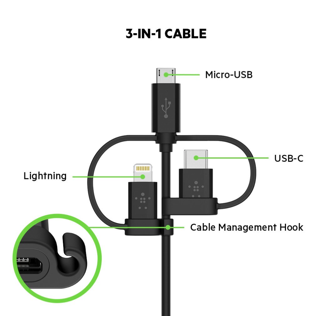 Belkin 3-in-1 Universal USB Cable - USB-C Cable, Lightning Cable, Micro-USB Charging Cable - Apple Charging Cord - Belkin Boost Charge - Belkin Charger Designed For iPhones, iPads, Galaxy & More