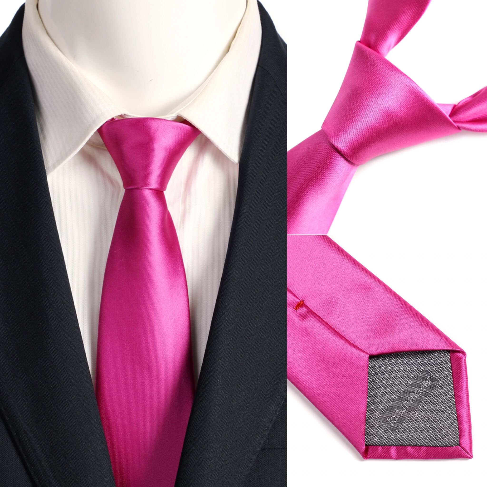 fortunatever Mens Solid Satin Neckties With Gift Box+Pocket Square(Magenta)