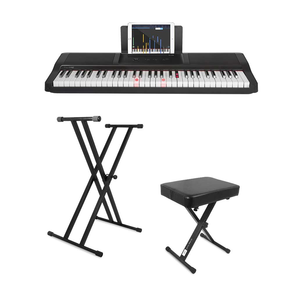 The ONE Light Keyboard and Piano Electronic MIDI Keyboard - Onyx Black with On Stage Double-X Keyboard Stand and Padded Keyboard Bench