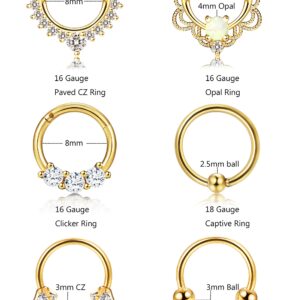 ORAZIO 6PCS 16G 316L Stainless Steel Septum Hoop Nose Ring Horseshoe Rings Cartilage Clicker Piercing Jewelry Gold-Tone