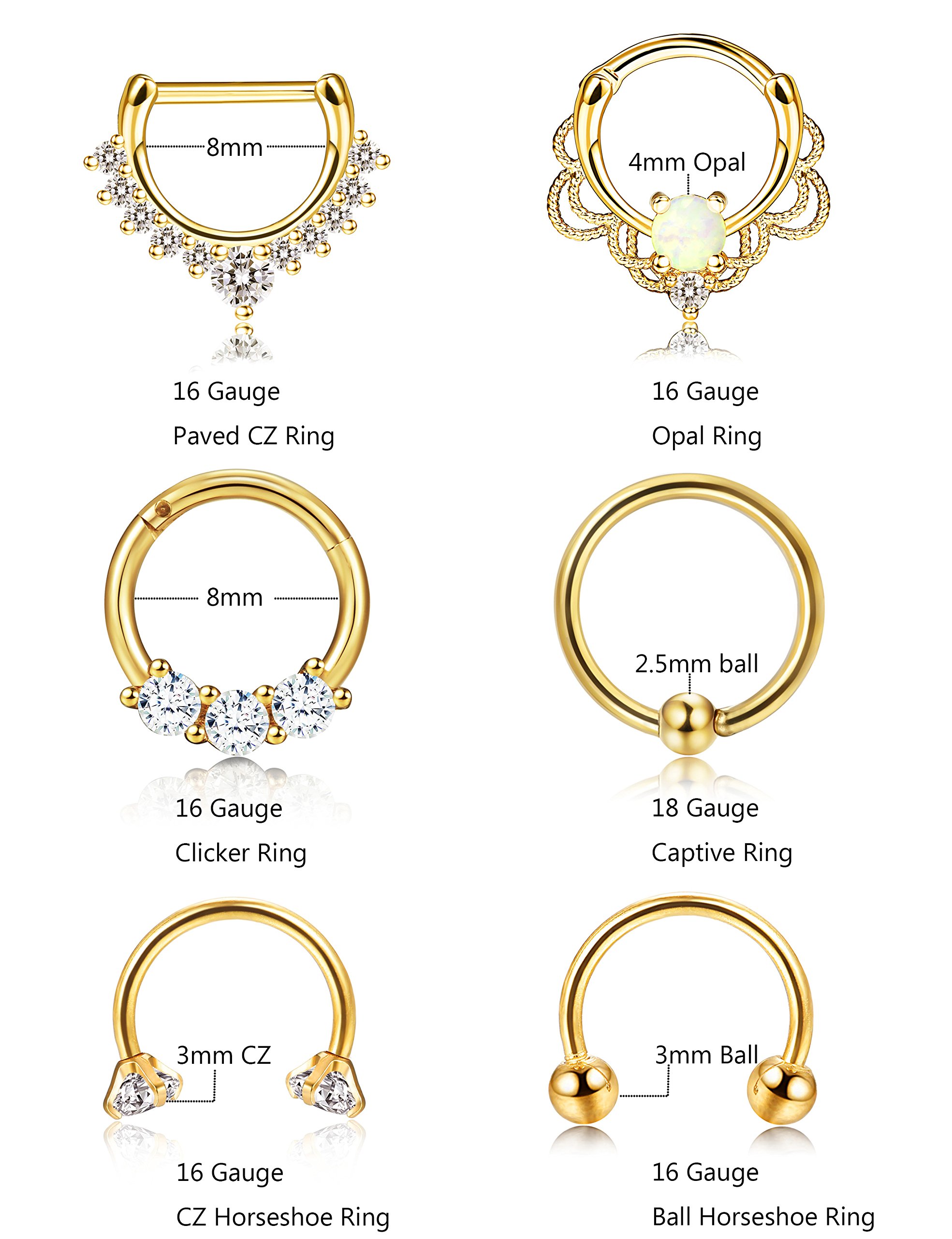 ORAZIO 6PCS 16G 316L Stainless Steel Septum Hoop Nose Ring Horseshoe Rings Cartilage Clicker Piercing Jewelry Gold-Tone