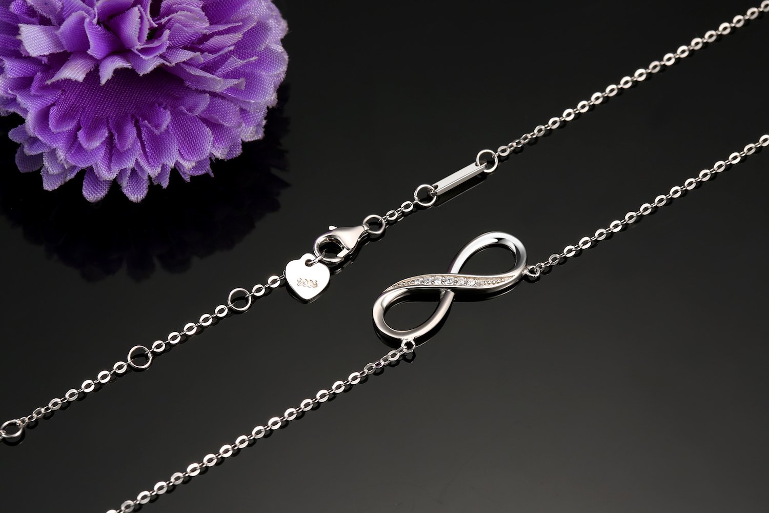 PUPILLEMON Infinity Pendant Necklace for Women, 925 Sterling Silver Love Heart Necklace Fine Jewelry White Gold Plated