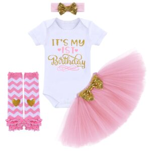 It’s my 1st Birthday Outfit Baby Girl Romper Tutu Skirt Glitter Sequin Bowknot Headband Leg Warmers Clothes 4pcs Set Cake Smash Photography Props Pink 1st Birthday 1 Year Old