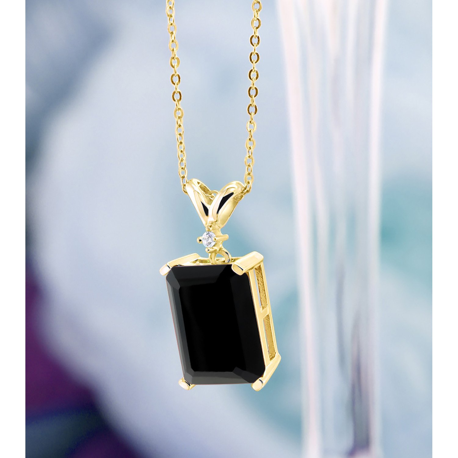 Gem Stone King 6.62 Cttw Black Onyx and White Diamond Jewelry Pendant Necklace For Women Set In 18K Yellow Gold Plated Silver | Gemstone Birthstone | 14X10MM Emerald Cut | With 18 Inch Chain