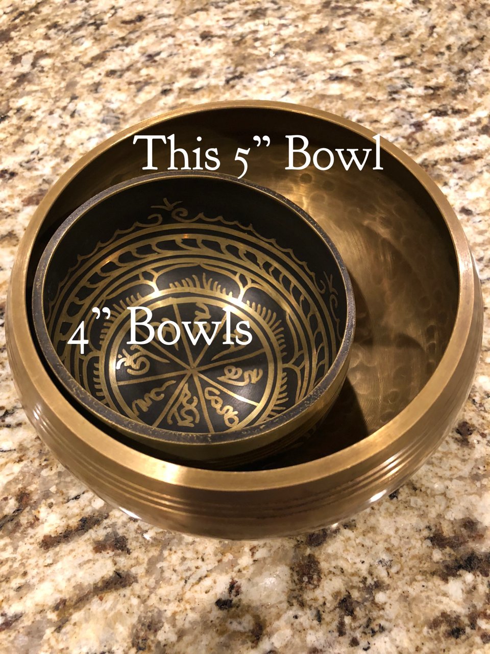 5 Gold Tibetan Meditation Yoga Singing Bowl Set (Large) ~Live Fully Now ~ Tuned to B ~ Hand Hammered Antique healing bowl design ~Wood Striker ~ Himalayan bowl for Meditation, hand yoga, and Chakra