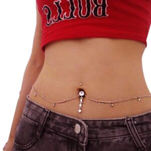 MayFee Women Sexy Rhinestone Dangle Belly Button Ring With Waist Chain Piercing Navel Ring Chain Drop Pendant Belly Piercing Belly Jewelry