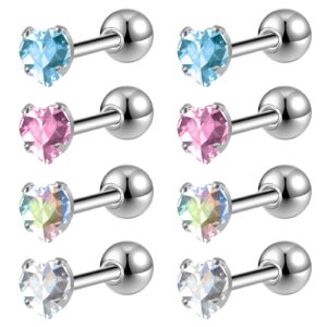 zs 4 pairs shiny cubic zirconia cartilage earrings 16g surgical steel stud earrings tragus helix conch ear piercing sets (heart,stone:3mm)