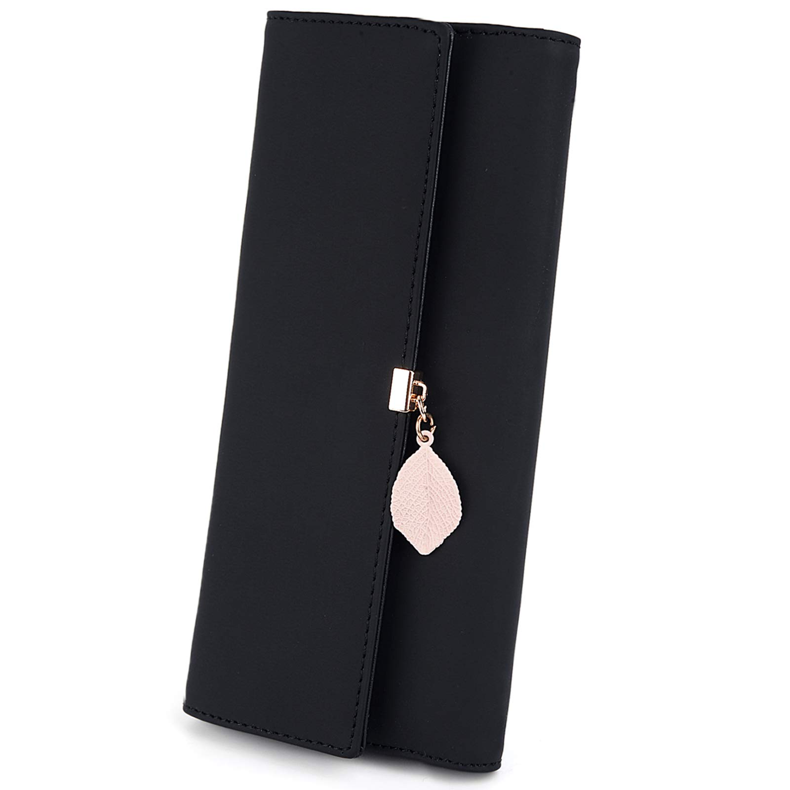 UTO RFID Wallet for Women PU Leather Leaf Pendant Card Holder Phone Checkbook Organizer Zipper Coin Purse Black