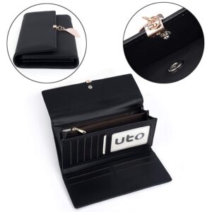 UTO RFID Wallet for Women PU Leather Leaf Pendant Card Holder Phone Checkbook Organizer Zipper Coin Purse Black