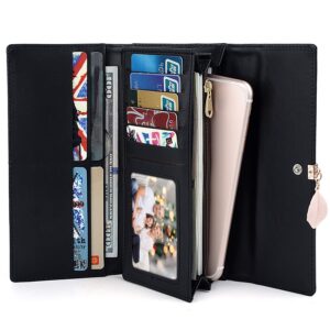 UTO RFID Wallet for Women PU Leather Leaf Pendant Card Holder Phone Checkbook Organizer Zipper Coin Purse Black