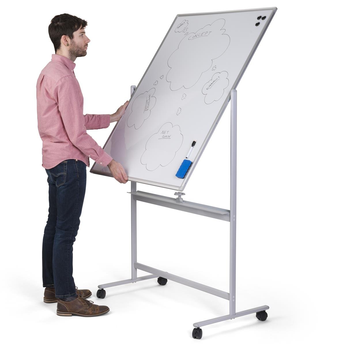 Displays2go 36 x 48 Magnetic White Board with Wheels, Double-Sided – Silver (WHBMOB3648)