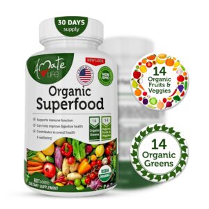 Organic Superfood Greens Fruits and Veggies Complex - Best Dietary Supplement with 14 Greens and 14 Fruits & Vegetables with Alfalfa Rich in Antioxidants Organic Ingredients Non-GMO 60 Tablets