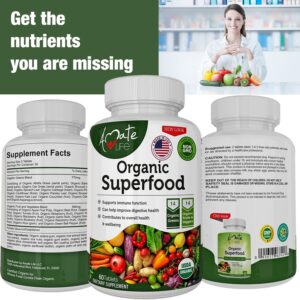 Organic Superfood Greens Fruits and Veggies Complex - Best Dietary Supplement with 14 Greens and 14 Fruits & Vegetables with Alfalfa Rich in Antioxidants Organic Ingredients Non-GMO 60 Tablets