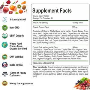 Organic Superfood Greens Fruits and Veggies Complex - Best Dietary Supplement with 14 Greens and 14 Fruits & Vegetables with Alfalfa Rich in Antioxidants Organic Ingredients Non-GMO 60 Tablets