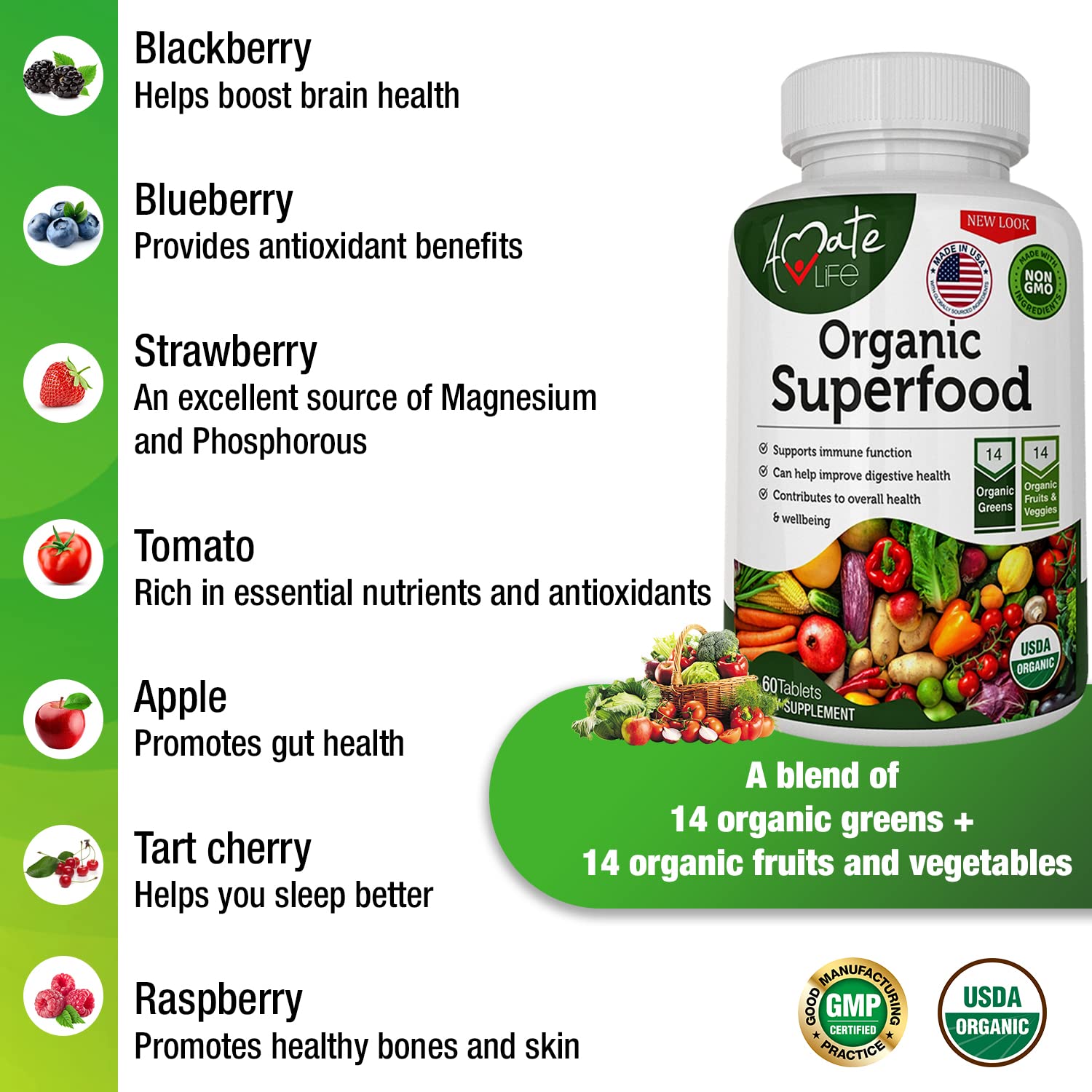 Organic Superfood Greens Fruits and Veggies Complex - Best Dietary Supplement with 14 Greens and 14 Fruits & Vegetables with Alfalfa Rich in Antioxidants Organic Ingredients Non-GMO 60 Tablets