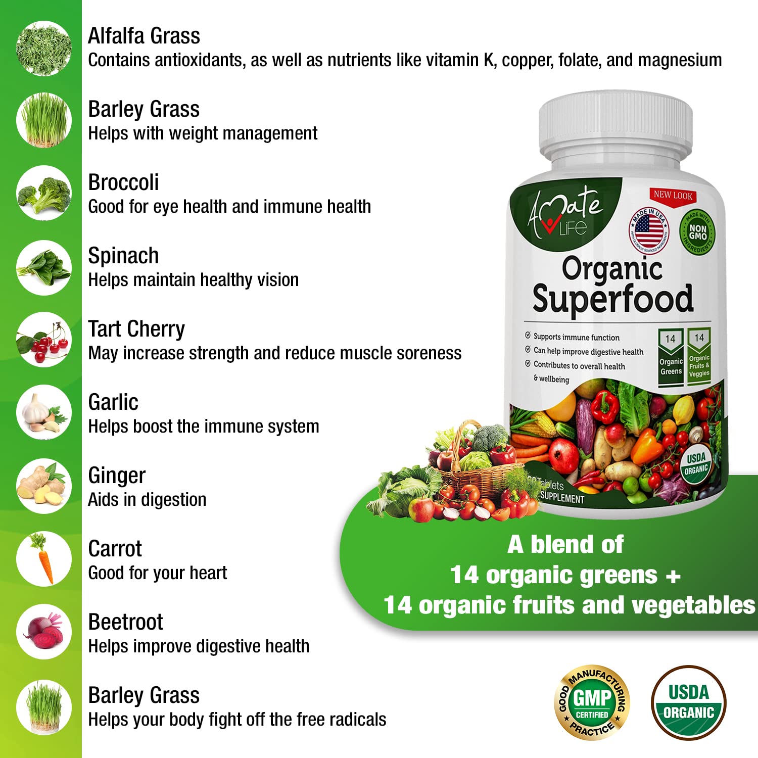 Organic Superfood Greens Fruits and Veggies Complex - Best Dietary Supplement with 14 Greens and 14 Fruits & Vegetables with Alfalfa Rich in Antioxidants Organic Ingredients Non-GMO 60 Tablets