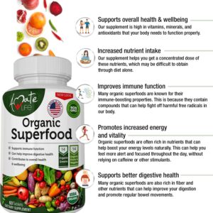 Organic Superfood Greens Fruits and Veggies Complex - Best Dietary Supplement with 14 Greens and 14 Fruits & Vegetables with Alfalfa Rich in Antioxidants Organic Ingredients Non-GMO 60 Tablets