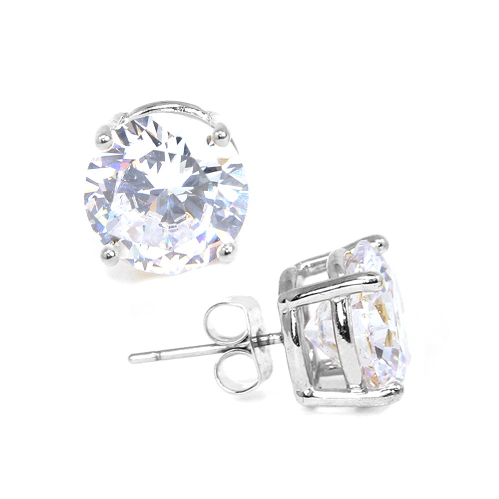 Stainless Steel Round Cut Cubic Zirconia Stud Earrings With Clear Case - Gold, Silver (3mm~12mm)