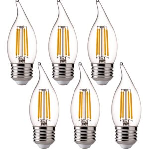 FLSNT LED 60 Watts Equivalent Chandelier Light Bulbs, CA11 Dimmable Filament Clear LED Candelabra Bulbs, E26 Medium Base, 2700K Soft White, 6 Pack