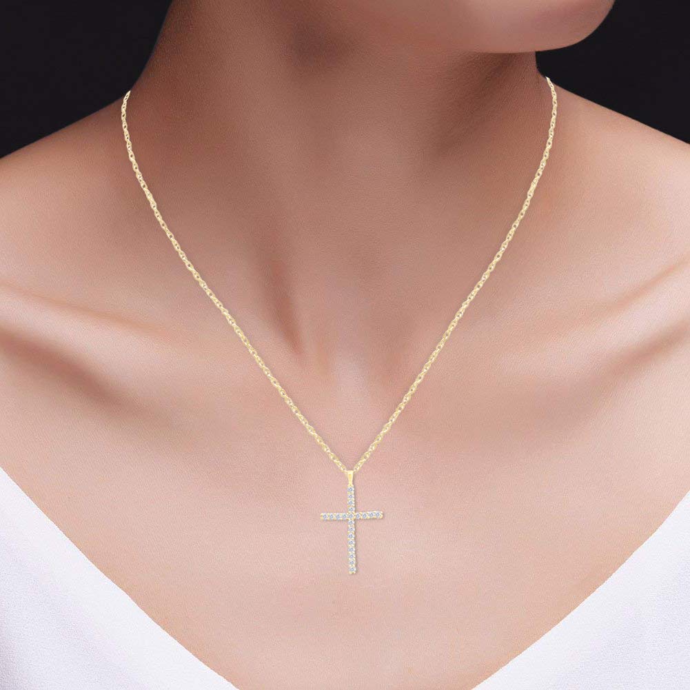 AFFY 0.30 Carat (Cttw) 14K Solid Yellow Gold Round Diamond Ladies Cross Pendant 1/3 CT (Silver Chain in cluded)