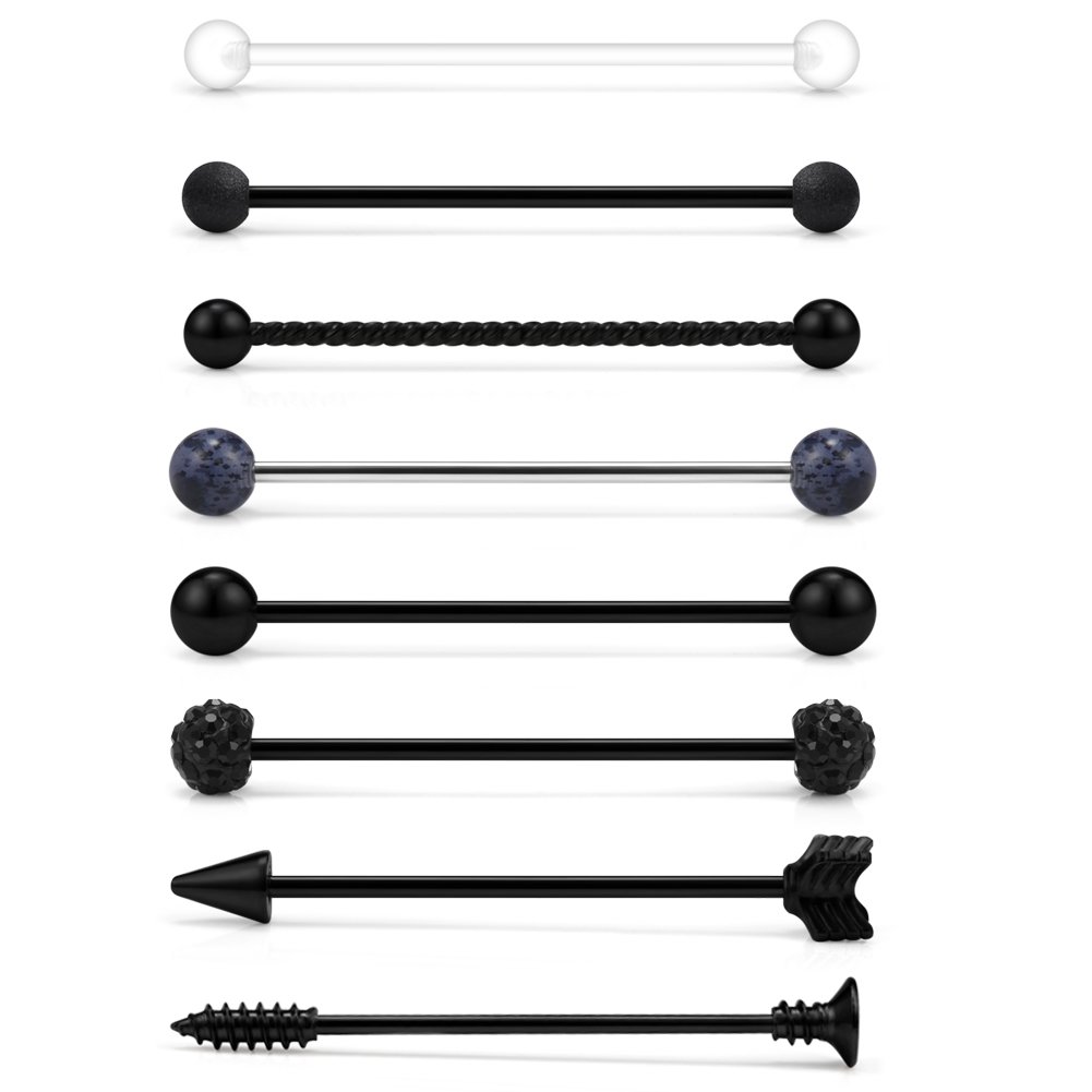 Ruifan 8PCS 14 Gauge Matte Gilitter Braided Ball Arrow Screw Crystal Clear Ball Industrial Barbell Cartilage Earring Body Piercing Jewelry 1 1/2Inch (38mm) - Black