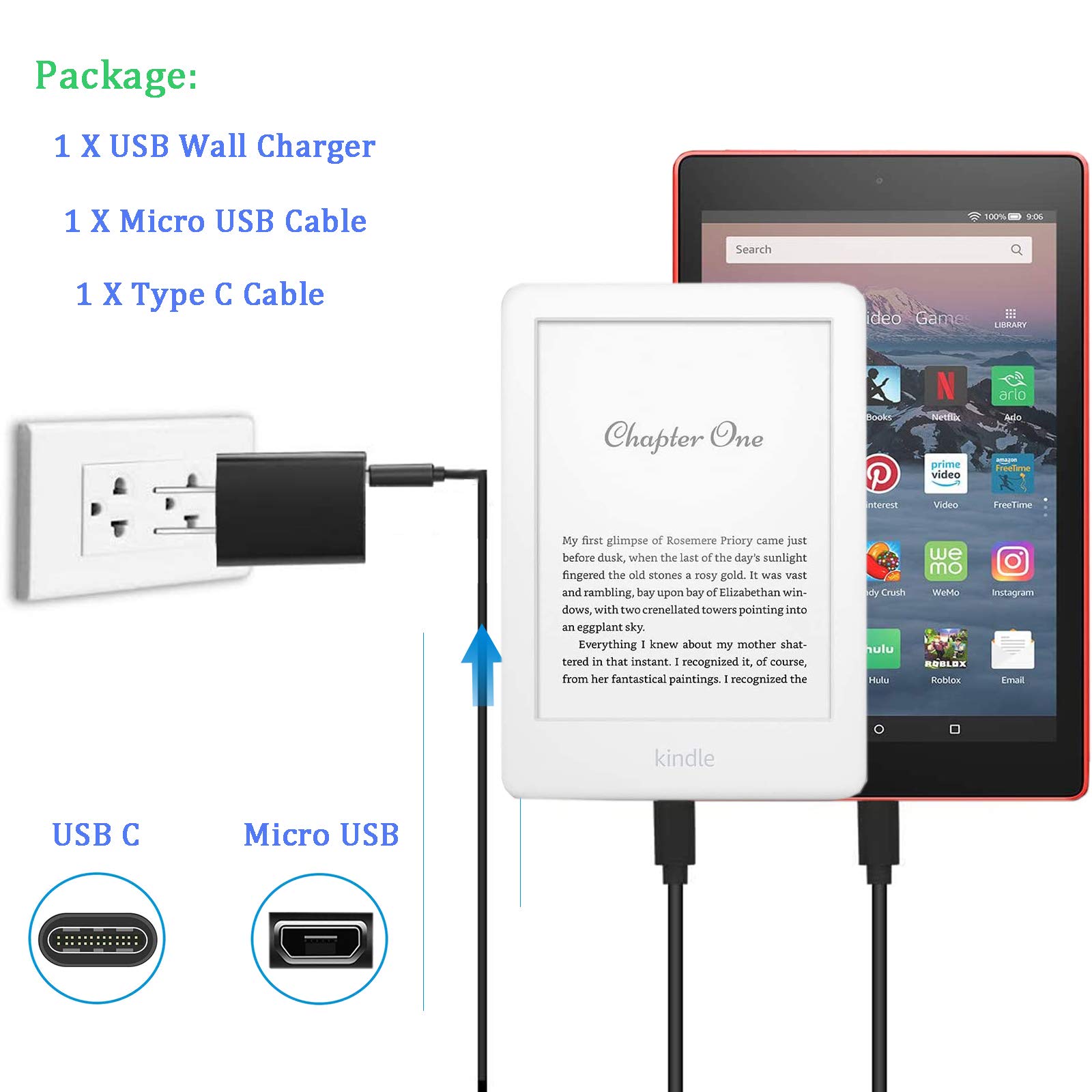 Charger Fit for Kindle Fire Tablet with 5Ft Type-C and Micro USB Cable for Charging Fire HD 6 7 8 10/Fire Max 11/Fire Plus/Kids/Kids Pro/HD HDX/Kindle/Paperwhite/Oasis E-Reader and Samsung Phone