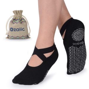 ozaiic yoga socks for women non-slip grips & straps, ideal for pilates, pure barre, ballet, dance, barefoot workout (black - 1 pair, one_size)