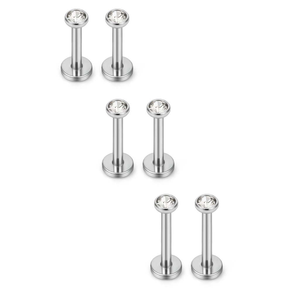 Ruifan 3mm Round Clear CZ Gem Internally Threaded Labret Monroe Lip Ring Tragus Nail Helix Earring Stud Barbell Piercing Jewelry Bar 6-10mm 16G 6PCS