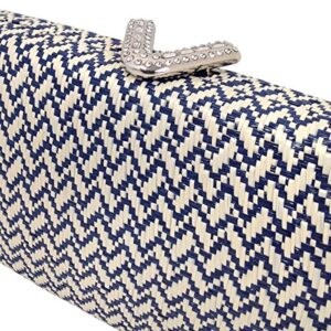 Chevron Raffia Straw Box Clutch with V Ornament