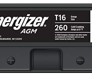 Energizer T16 AGM Motorcycle and Personal Water Craft 12V Battery, 260 Cold Cranking Amps and 19 Ahr. Replaces: T16 and others, Black