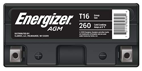 Energizer T16 AGM Motorcycle and Personal Water Craft 12V Battery, 260 Cold Cranking Amps and 19 Ahr. Replaces: T16 and others, Black