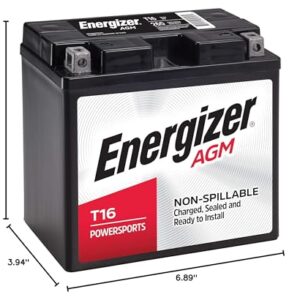 Energizer T16 AGM Motorcycle and Personal Water Craft 12V Battery, 260 Cold Cranking Amps and 19 Ahr. Replaces: T16 and others, Black