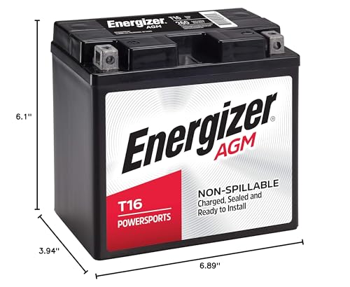 Energizer T16 AGM Motorcycle and Personal Water Craft 12V Battery, 260 Cold Cranking Amps and 19 Ahr. Replaces: T16 and others, Black