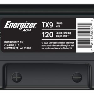 Energizer TX9 AGM Motorcycle and ATV 12V Battery, 120 Cold Cranking Amps and 8 Ahr, Replaces: YTX9-BS and others, Black