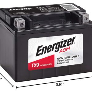 Energizer TX9 AGM Motorcycle and ATV 12V Battery, 120 Cold Cranking Amps and 8 Ahr, Replaces: YTX9-BS and others, Black