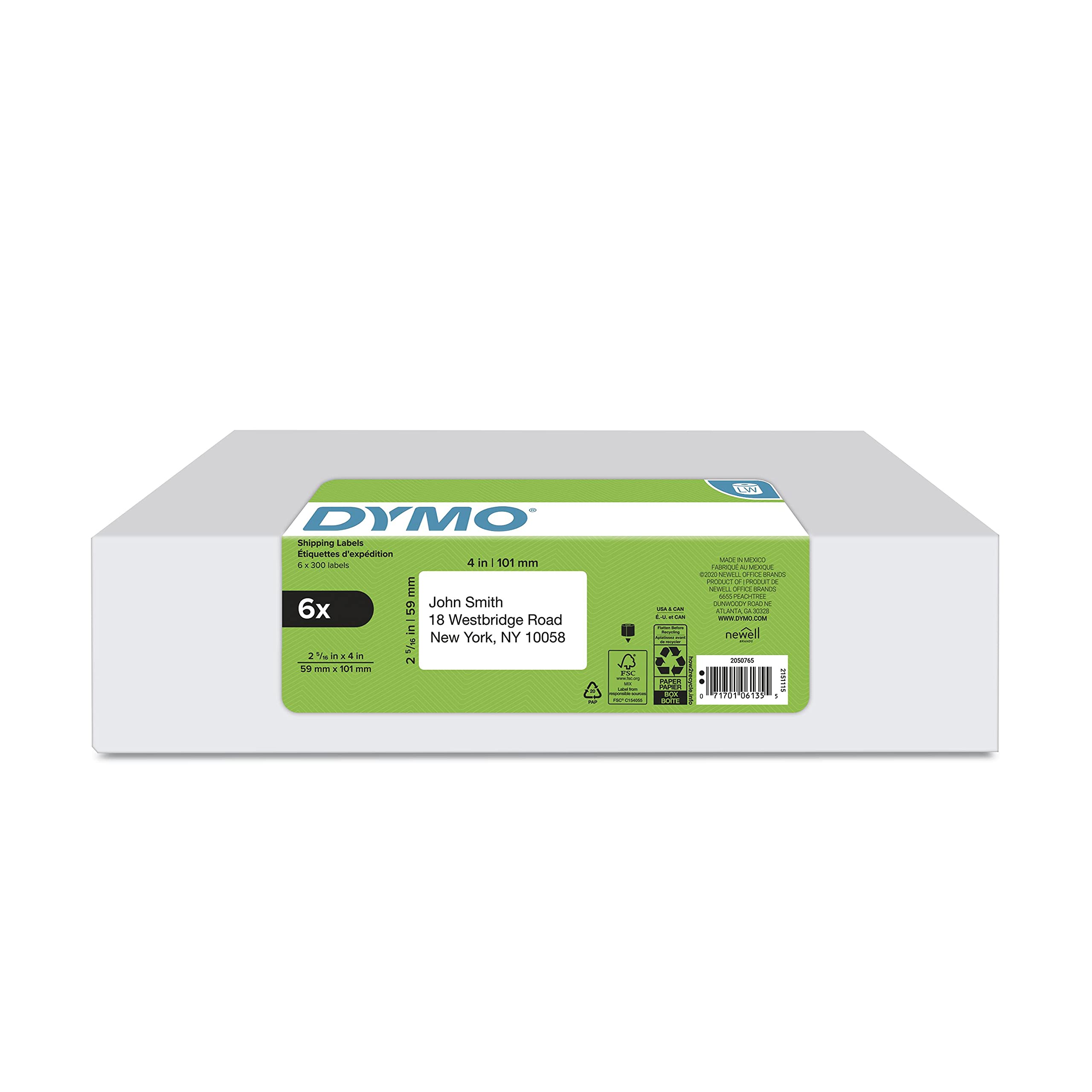 DYMO Authentic LW Large Shipping Labels, DYMO Labels for LabelWriter Label Printers, 2-5/16" x 4, Print Up to 6-Line Addresses, 6 rolls of 300 (1800 Total)