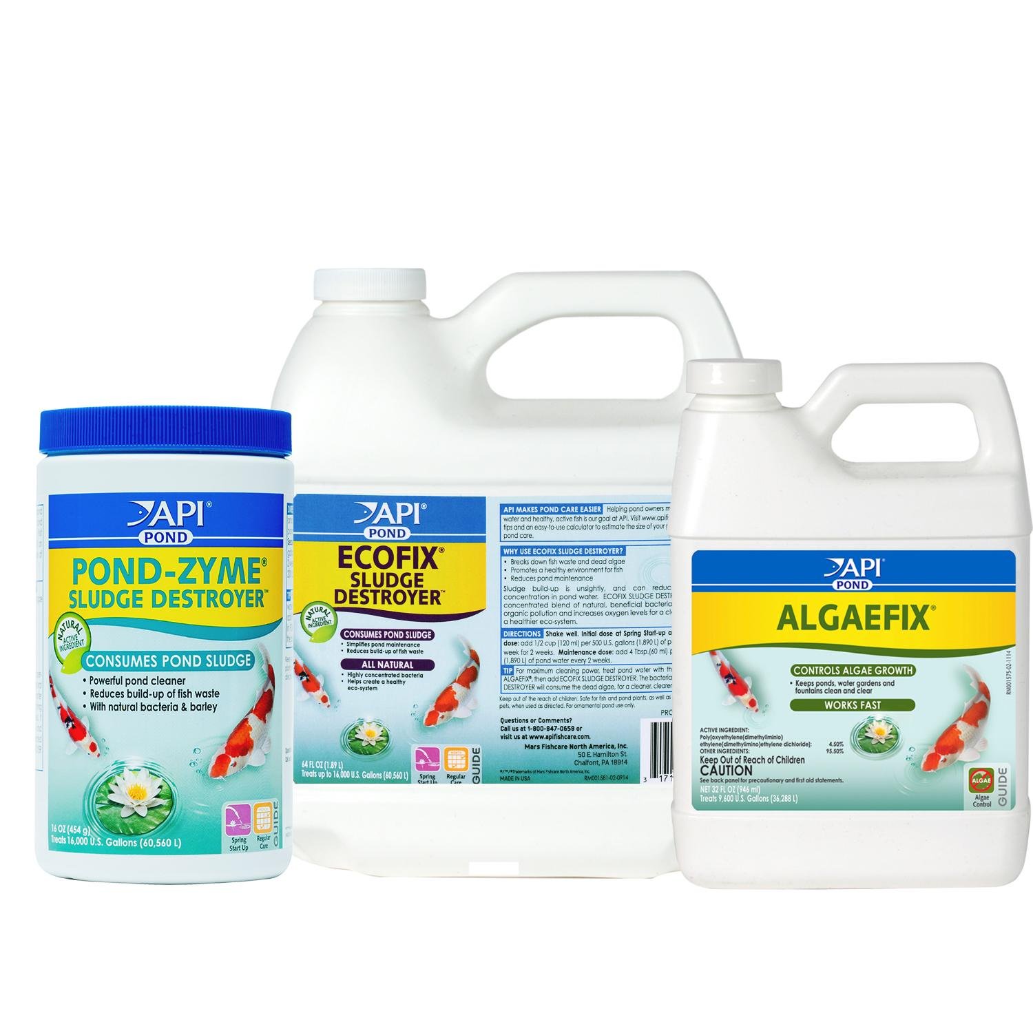 API POND ESSENTIALS BUNDLE Includes ALGAEFIX Algae Control, POND-ZYME SLUDGE DESTROYER Pond Water Water Cleaner with Barley, and ECOFIX SLUDGE DESTROYER Pond Water Clarifier and Sludge Remover