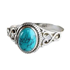 BeeSpring Women's Ring Oval Cut Natural Bohemia Turquoise Jewelry Birthday Proposal Hollow Engagement Party Band Rings Size 9