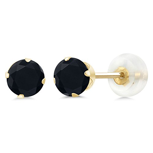 Gem Stone King 10K Yellow Gold Black Onyx Stud Earrings For Women (0.92 Cttw, Gemstone Birthstone, Round 5MM)