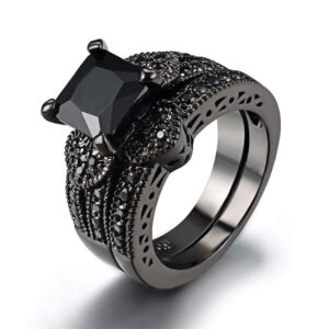 LOVERSRING Couple Ring Bridal Set His Hers Black Stainless Steel 10k Black Wedding Ring Band Set