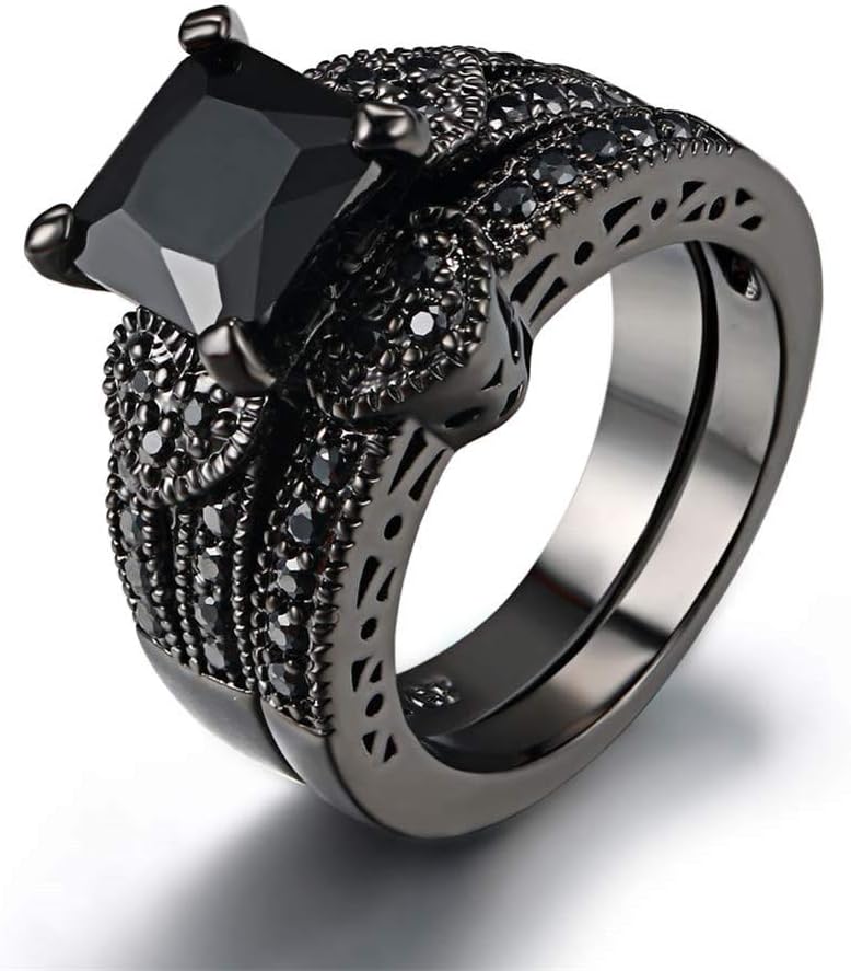 LOVERSRING Couple Ring Bridal Set His Hers Black Stainless Steel 10k Black Wedding Ring Band Set