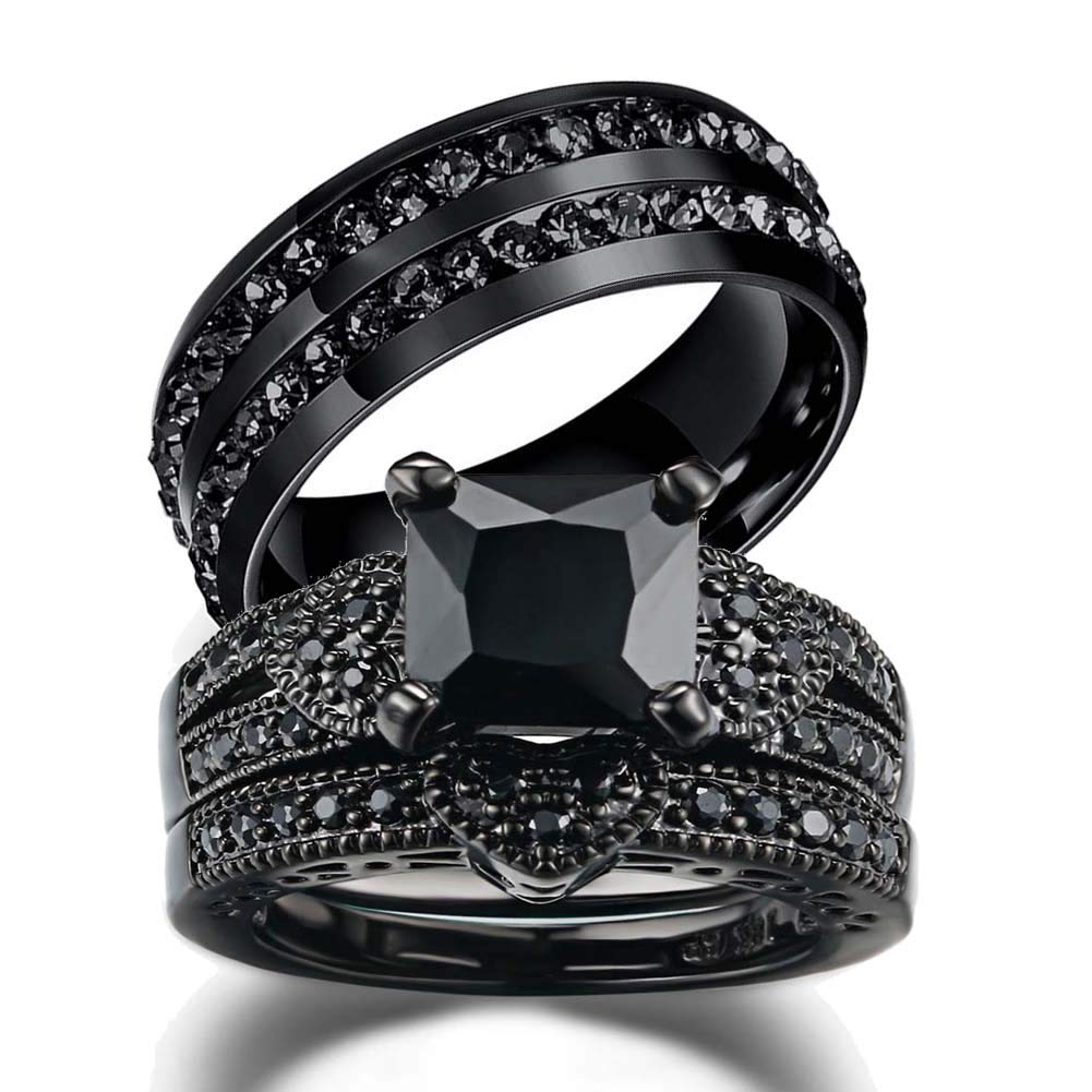 LOVERSRING Couple Ring Bridal Set His Hers Black Stainless Steel 10k Black Wedding Ring Band Set